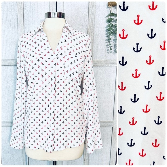 Express Portofino Shirt Nautical Anchor Print Button Front Blouse Size Small - Picture 1 of 8